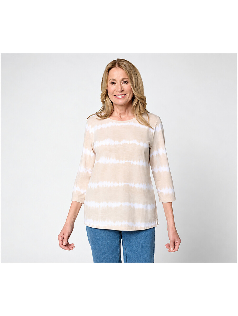 Denim & Co. Petite Soft Blend Tie Dye Stripe Printed Top Denim Stone Khaki, PL